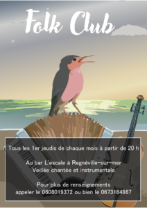 Affiche d'un événement Folk Club avec un rouge-gorge chantant sur un accordéon, une mer en arrière-plan et un violon posé sur le côté.