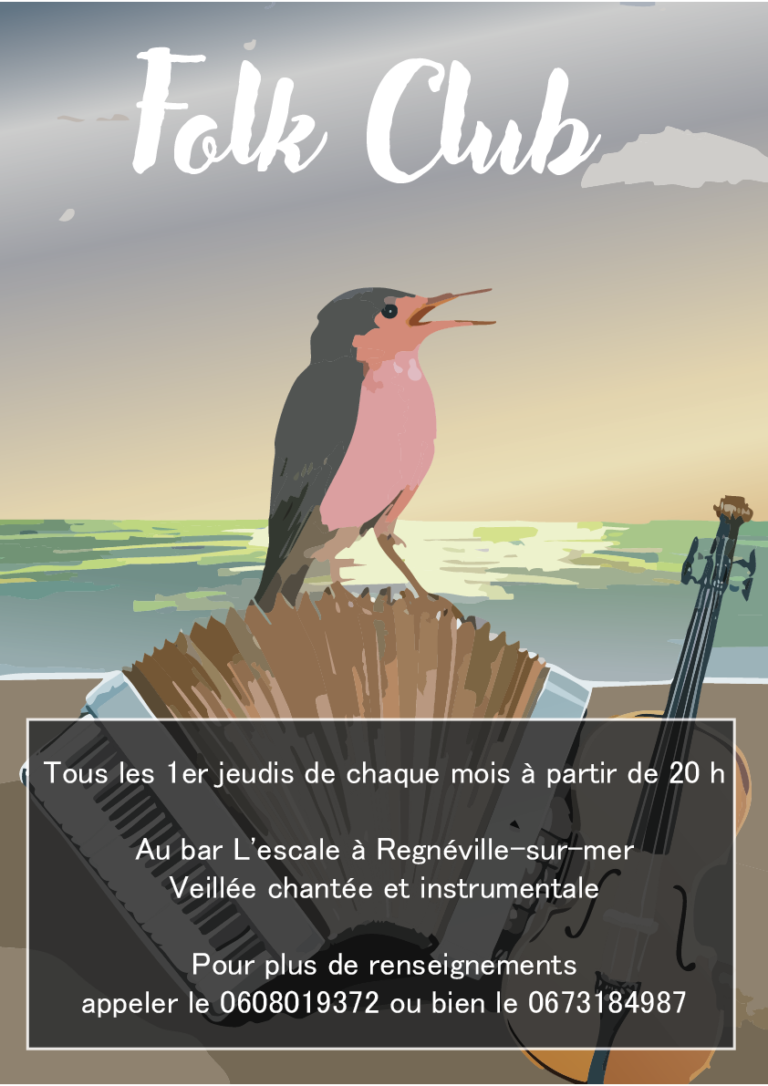 Affiche d'un événement Folk Club avec un rouge-gorge chantant sur un accordéon, une mer en arrière-plan et un violon posé sur le côté.