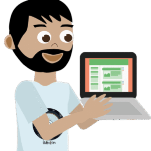 Personnage illustré tenant un ordinateur portable affichant une interface web, représentant un consultant en communication numérique.