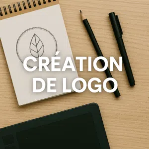 Création de logo graphique en cours sur fond bois – service pro VidéoCom