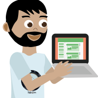 Personnage illustré tenant un ordinateur portable affichant une interface web, représentant un consultant en communication numérique.